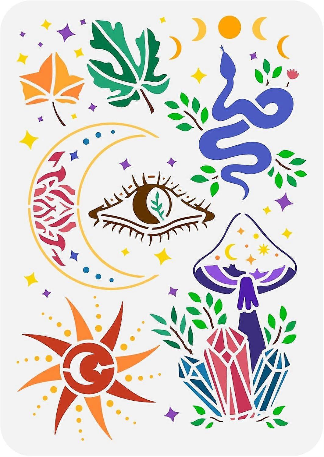 Magic Theme Stencils 11.7x8.3 inch Moon Phase Stencil Plastic Mushrooms Sun Moon Snake Diamond Maple Leaves Patterns Template Reusable DIY Art and Cra