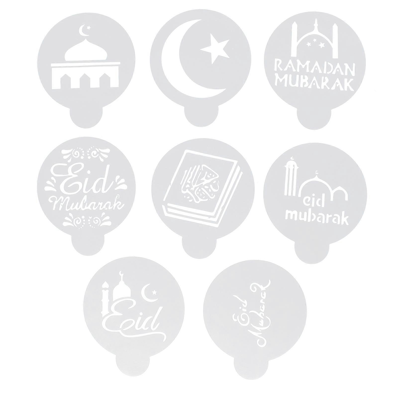 8pcs Eid Mubarak Cake Stencils Coffee Stencils Coffee Templates for Home (White)