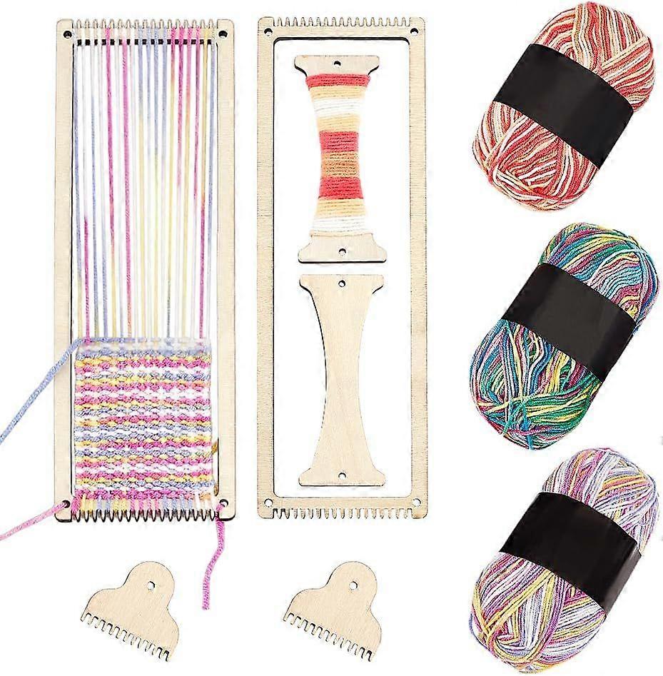 2 Sets Weaving Loom Kit Weaving Frame Set with Yarns Rods Combs Shuttles 2.6 x 8 Inch Wood Bookmark Knitting Loom for Adults Weaving Lovers Contains E