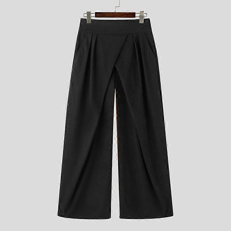 INCERUN Men Zipper Waist Front Cross Ruffled Long Straight Pants Trousers