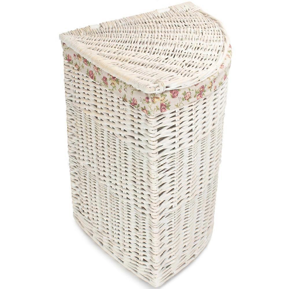 White Wash Corner Wicker Laundry Basket With Lining