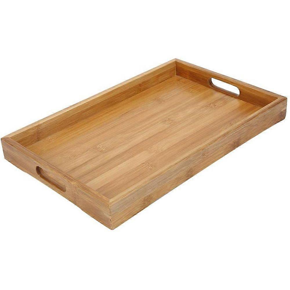Bambu serveringsbricka, rektangulär display eftermiddagstebricka i trä med handtag för köksfest middagssnack
