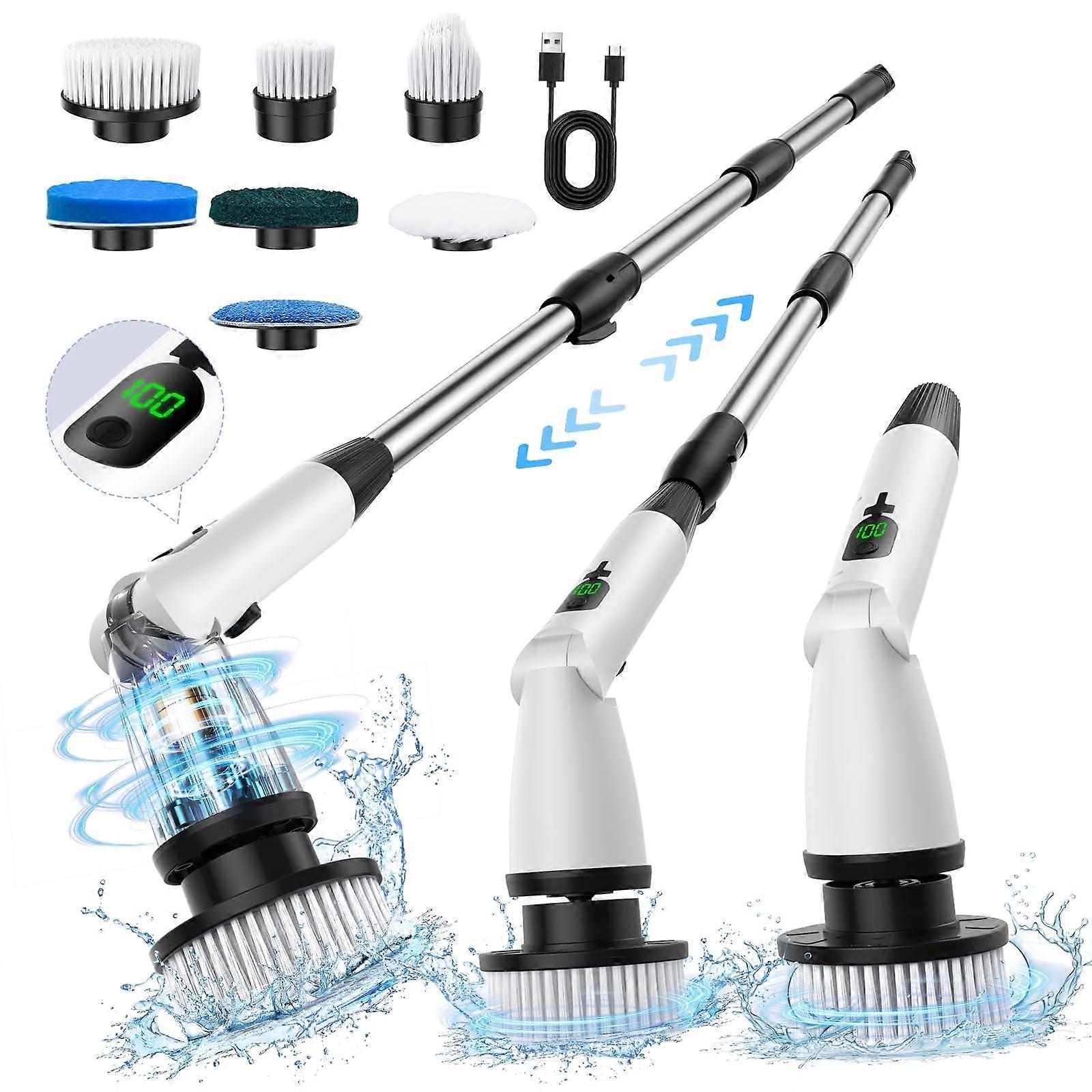 Electric Spin Scrubber With 7 Replaceable Brush Heads 3 Adjustable Angles LED Display Waterproof Cordless Long Handle