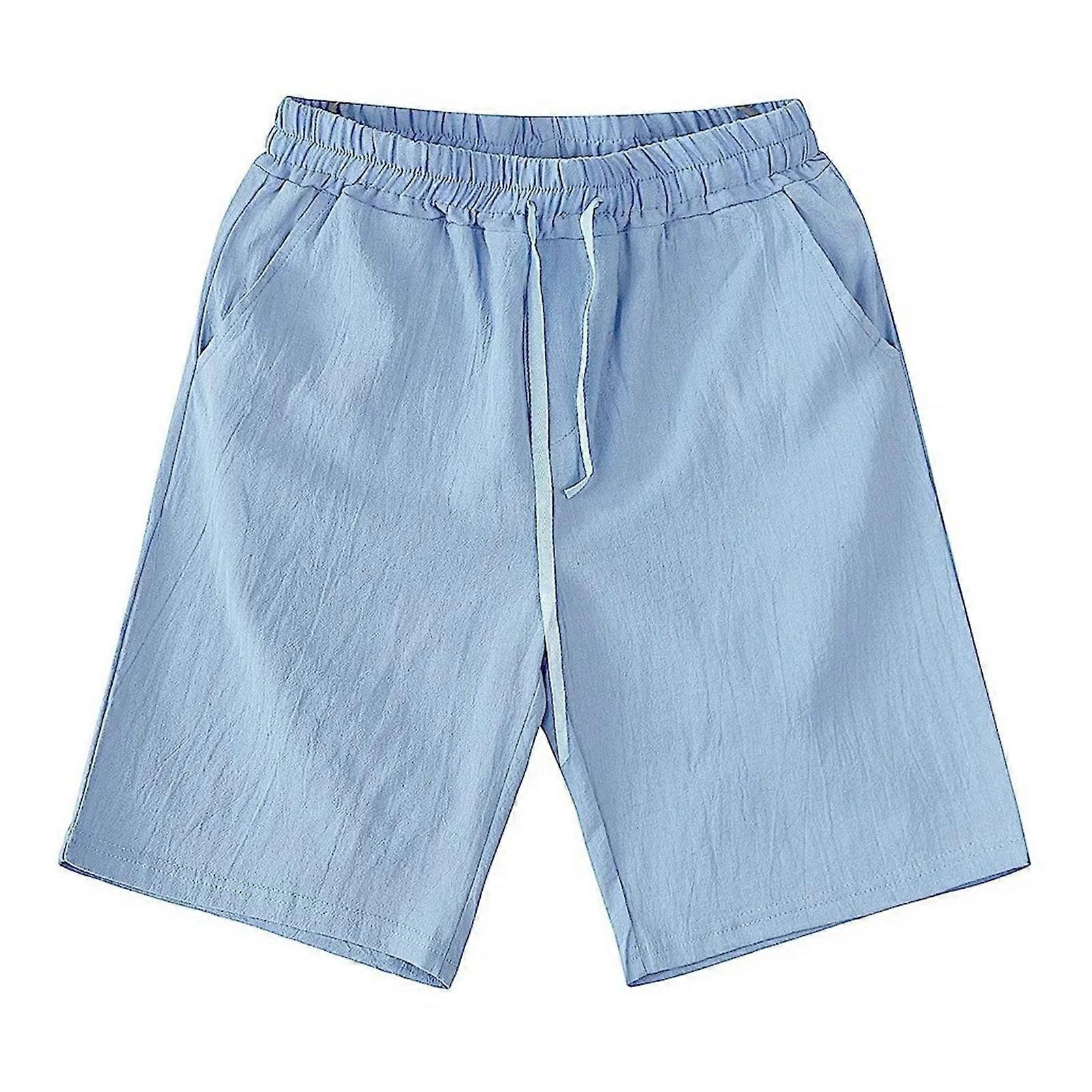 Men Summer Loose Casual Cotton Linen Pure Color Drawstring Elastic Waist Workout Shorts with Pocket