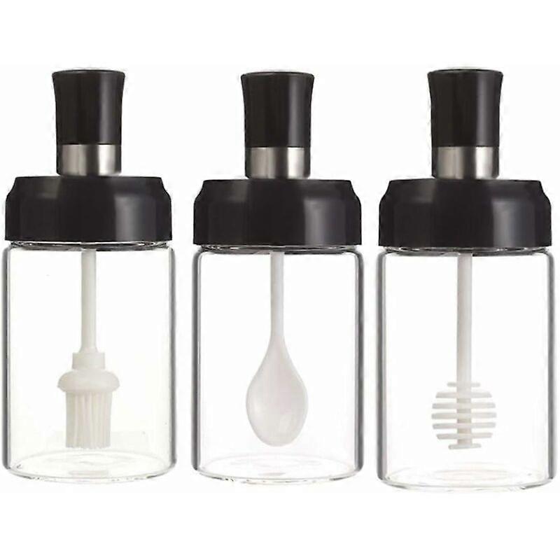 Seasoning Containers 3 Pack Glass Spice Jars Clear Container Sealed Box Lid with Brush Spoon Honey Stick Kitchen Bottles - Black