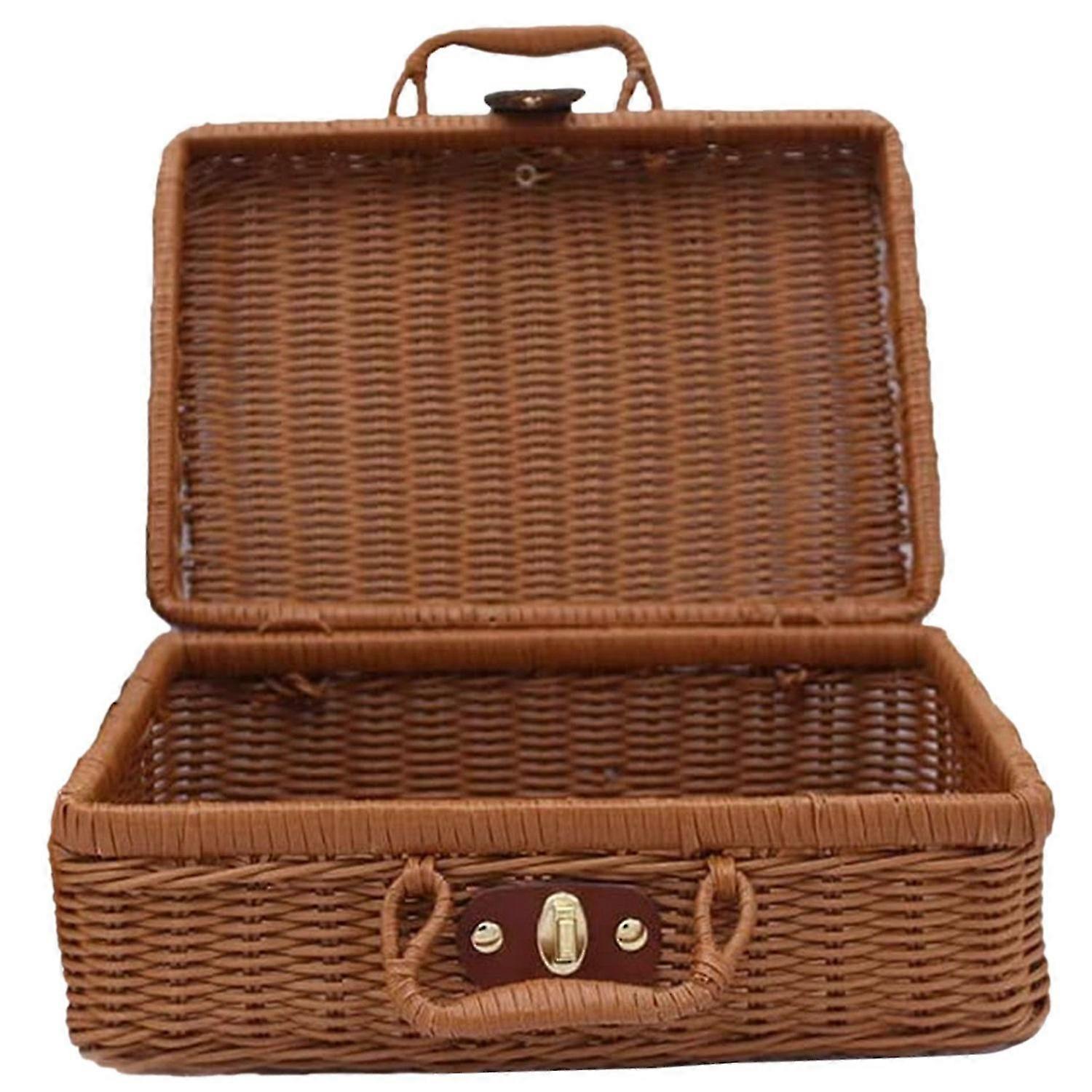 Picnic Basket,Woven Wicker Vintage Suitcase Woven Storage Basket Rattan Storage Case Picnic Weave L