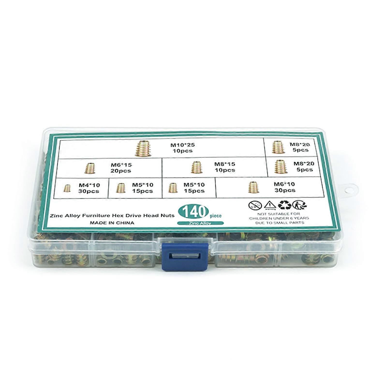 Set of 140 Zinc Screw Nut Reliable Solution Easy to Use Threaded Inserts with Storage Box for Wood Furniture Assembly