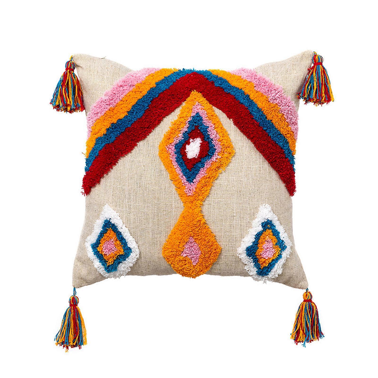 Multicolor Diamond Tufted Throw Pillow for Case Ethnic Morocco Tassels Cushion C