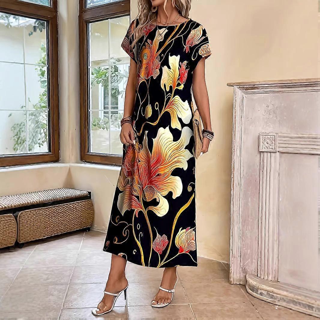 Women's plus size dress short-sleeved round neck print loose and elegant long dress