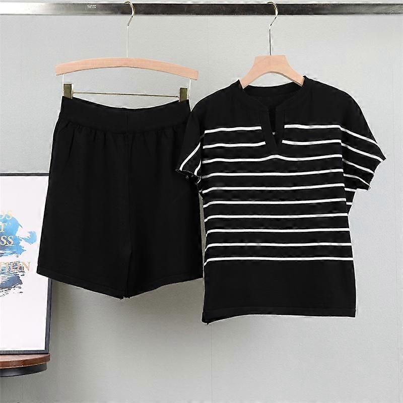 Summer Women's Plus Size Casual V-neck Striped Knit Suit Age Reducing Fashion Lazy Wind Short Sleeve T-shirt Shorts Suit