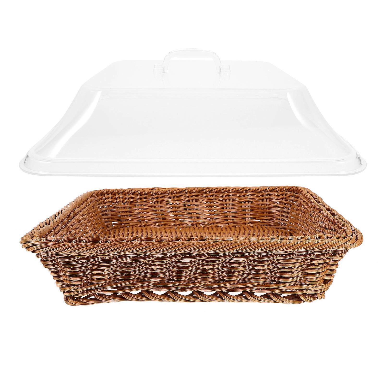 Woven Rattan Look Storage Basket with Lid, Square Serving Tray for Fruits, Bread, and Snacks, Multi Use Basket for Home, Office, and Party