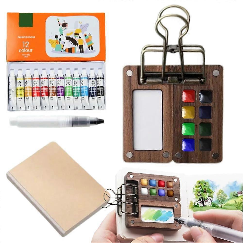 Portable Sketchbook Palette Set, Mini Watercolour Kit, Travel Set, Wooden Sketchbook With 8 Grids