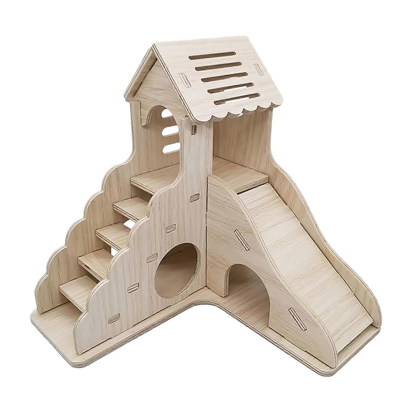 Wooden Small Animal House - Multi-Functional Wooden Shelter with Steps and Slides, Ideal for Hamsters and Chinchillas