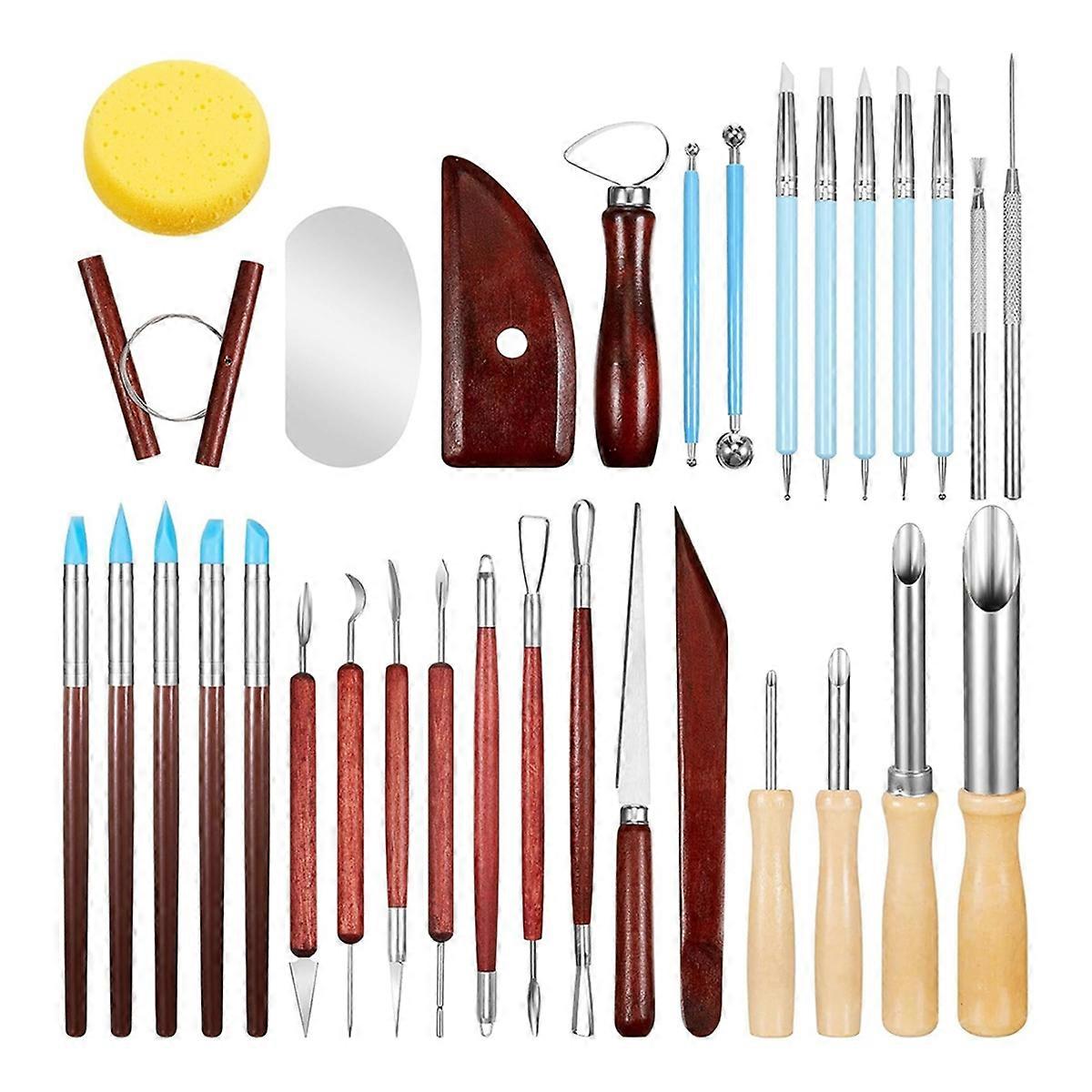32 Pieces Pottery Tools Clay Sculpting Tool Kit with Red Wooden Handle, Round Clay Hole Cutter, Pottery Crafts