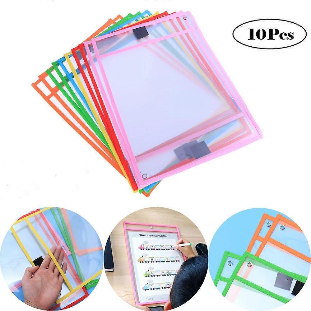 10 Pack Reusable Dry Erase PVC Pockets with Marker Holder & Hanging Grommet – Assorted Colors, Dirt Resistant for School and Office Use