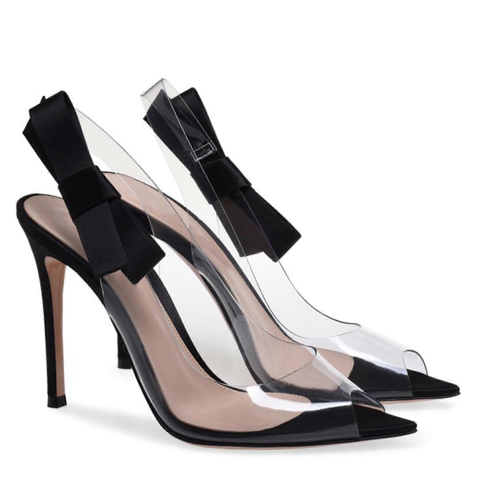 Transparent High-Heeled Sandals 12 cm Stilettos with Pointed Toe and Transparent Straps, Size 41 EU, Black