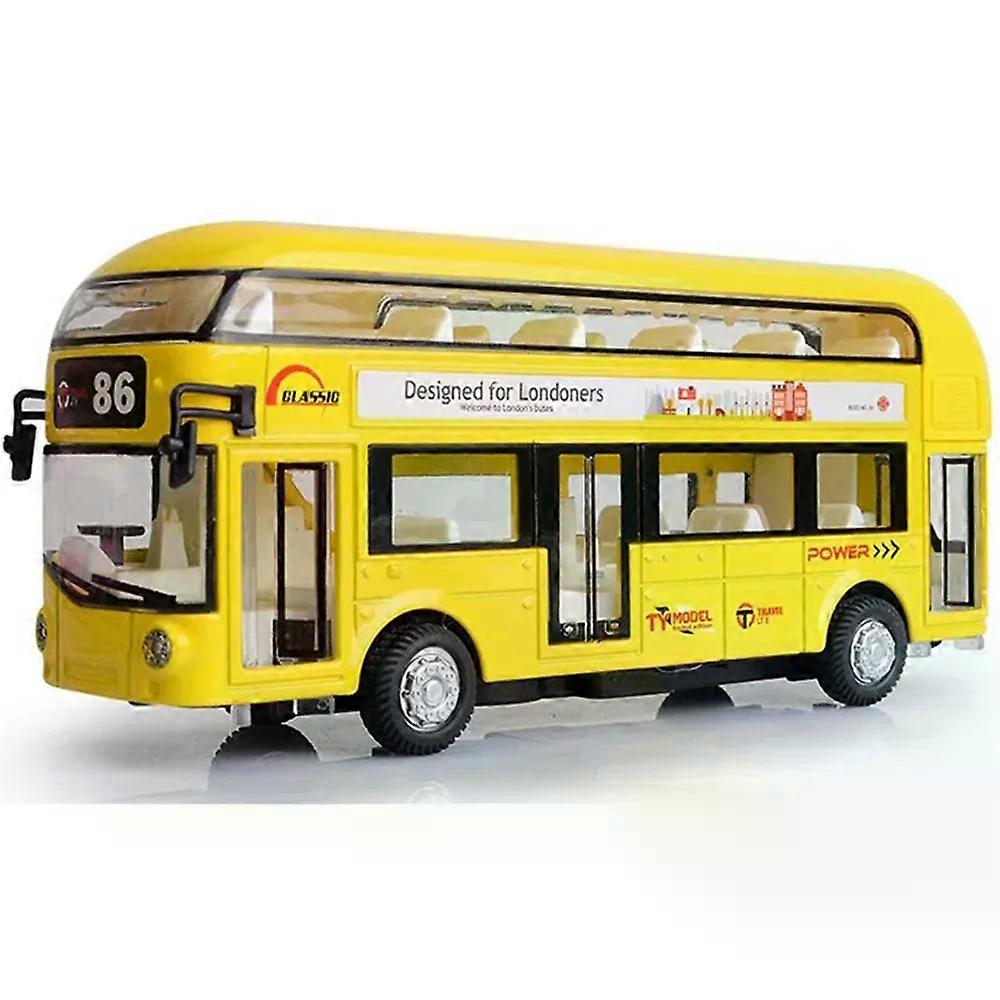 1:36 Scale Double Decker Bus Toy Model Cars Alloy Diecast Miniature Buses Sound Light Doors Opened Pull Back Vehicle Gifts Kids