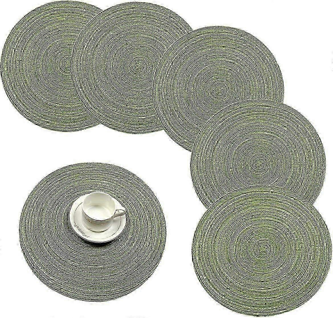 38cm Woven Round Cotton Placemats - Heat Insulated & Non-Slip (Green, Set of 6) for Dining Table Decor