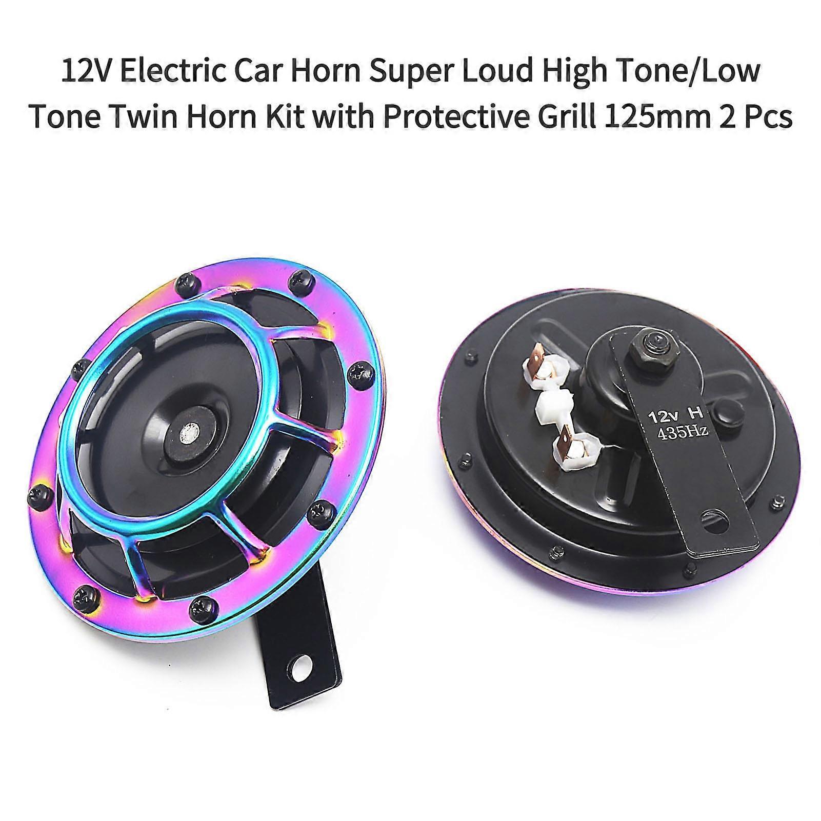 2Pcs 125mm 12V ηλεκτρικό κιτ κόρνων αυτοκινήτων έξοχο δυνατό υψηλό τόνο/χαμηλό τόνο δίδυμο κέρατο με την προστατευτική σχάρα για τα αυτοκίνητα μοτοσικλετών