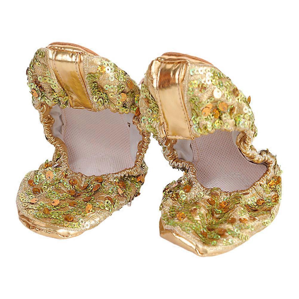 1 Pair AntiSlip Sequin Dancing Shoes Round Plate Latin Shoes for Dancing Ballet Sock PU Golden Size 36.37