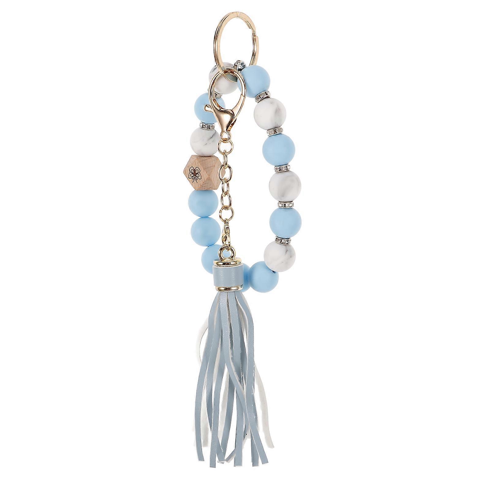 Silicone Key Ring Bracelet with Beads and Tassel for Women Multi Strong Elastic Band Fits Most Wrist Sizes