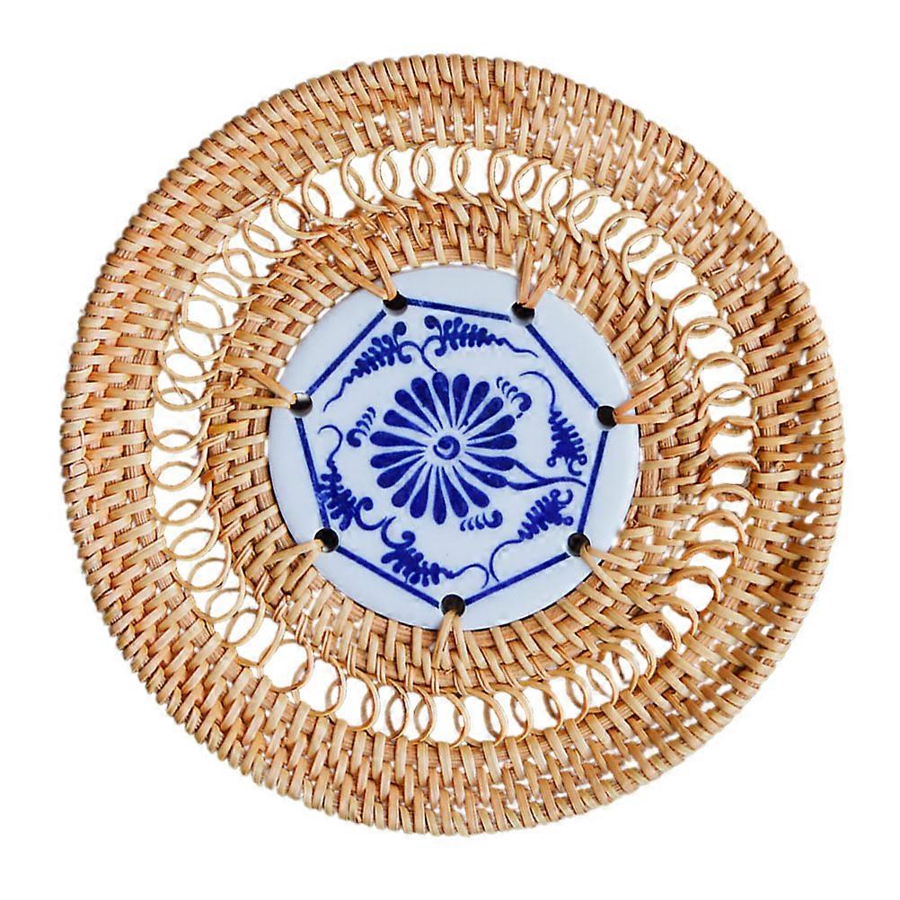 Tea Mat Anti-Scalding Cup Pad Rattan Woven 10x10cm Simple Lines Home Use 1Pack