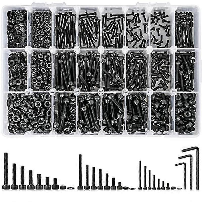 Metric Bolt Assortment Kit with 21 Sizes Screws, Nuts & Hex Socket Head Cap - 1260PCS Black