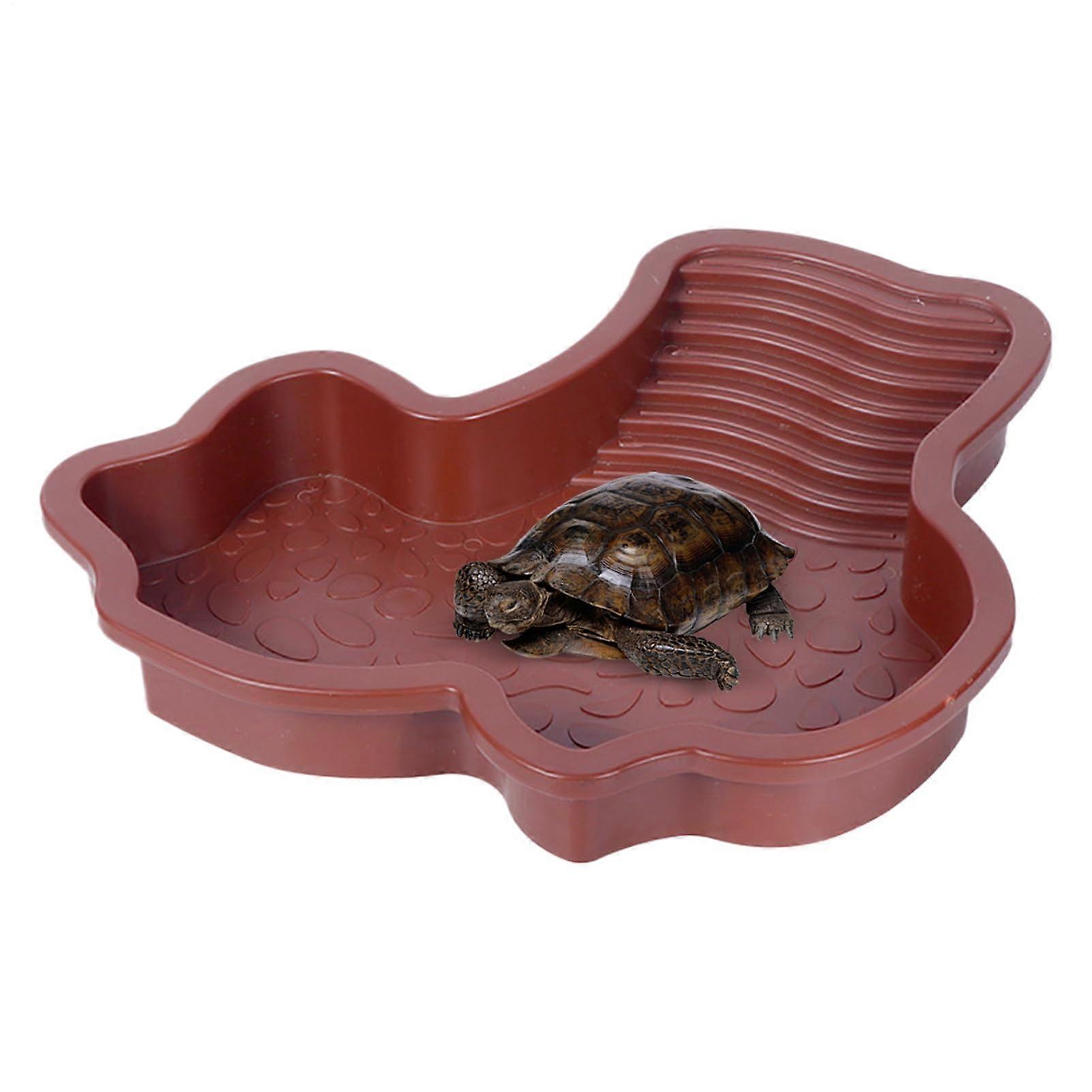 Turtle Pool With Ramp, Tortoise Water Bowl And Soaking Dish With Ramp, Basking Terrace Habitat Accessory, Red Brown