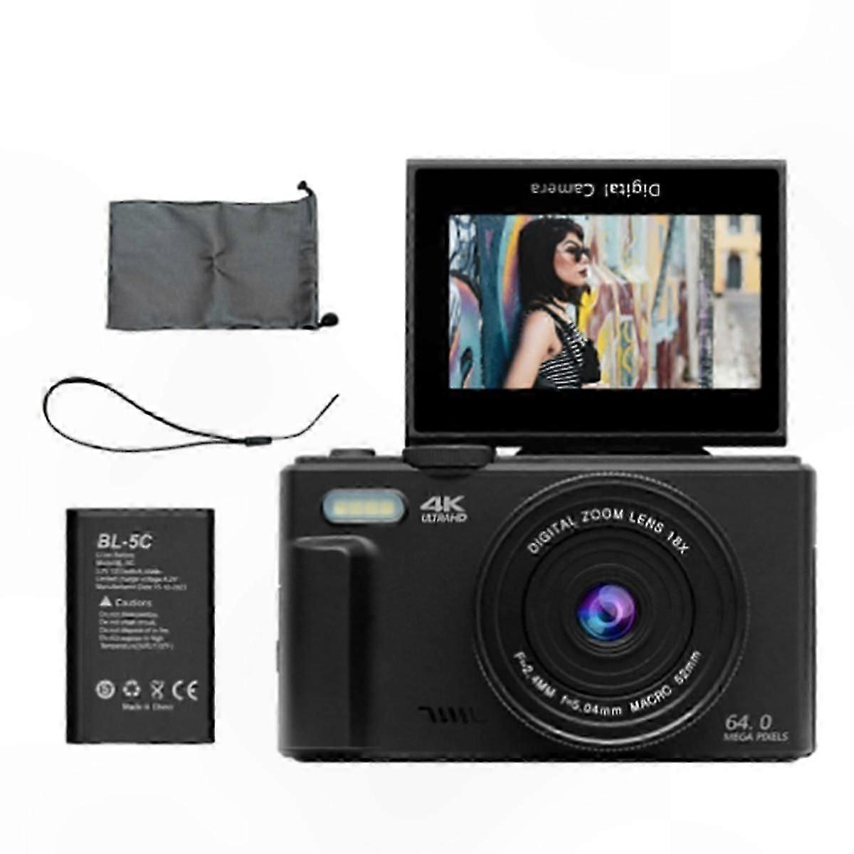 4K Digital Camera with 18X Zoom and Flip Screen for Vlogging Selfies