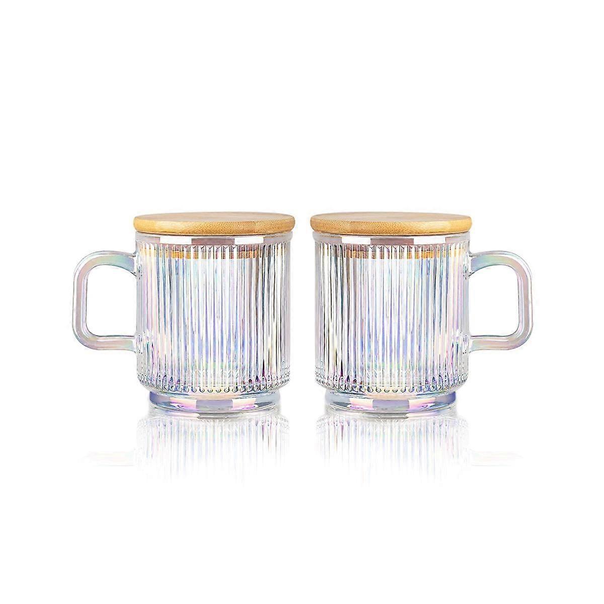 2Pc Glass Coffee Cup with Lid Glass Coffee Mugs Ribbed Coffee Glasses with Handle for Latte Cappucc
