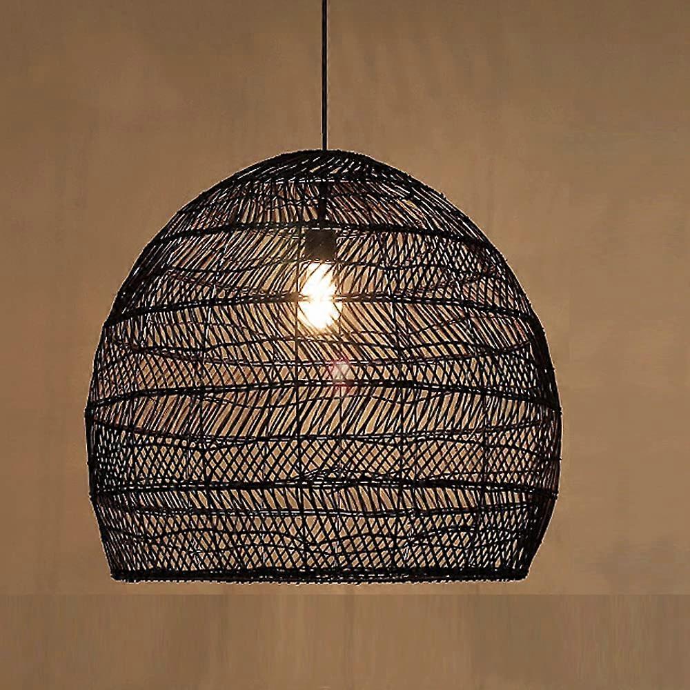 Hand Woven Rattan Pendant Light - Ribbed Cone Shade, Modern Wicker Dining Room Fixture, Dark Canopy Kit, 40cm x 35cm