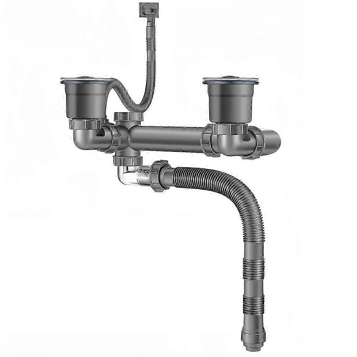 Space-Saving Double Sink Drain Kit with Expandable Flexible P-Trap Pipe - 3 Lengths for Kitchen Sink Drain Systems