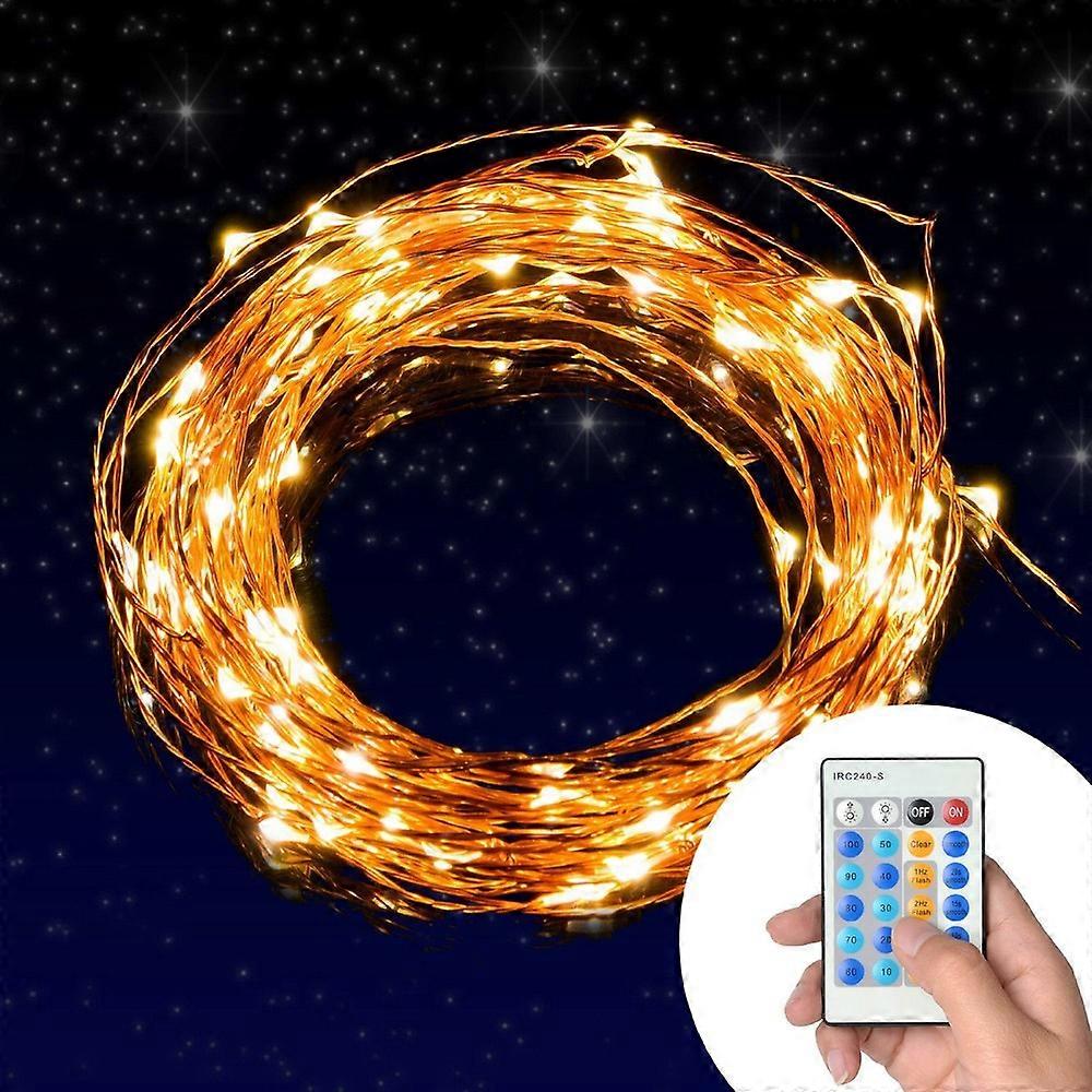 20M 200-LED Warm White Dimmable Copper Wire LED Starry Light with Remote Controller - EU Plug