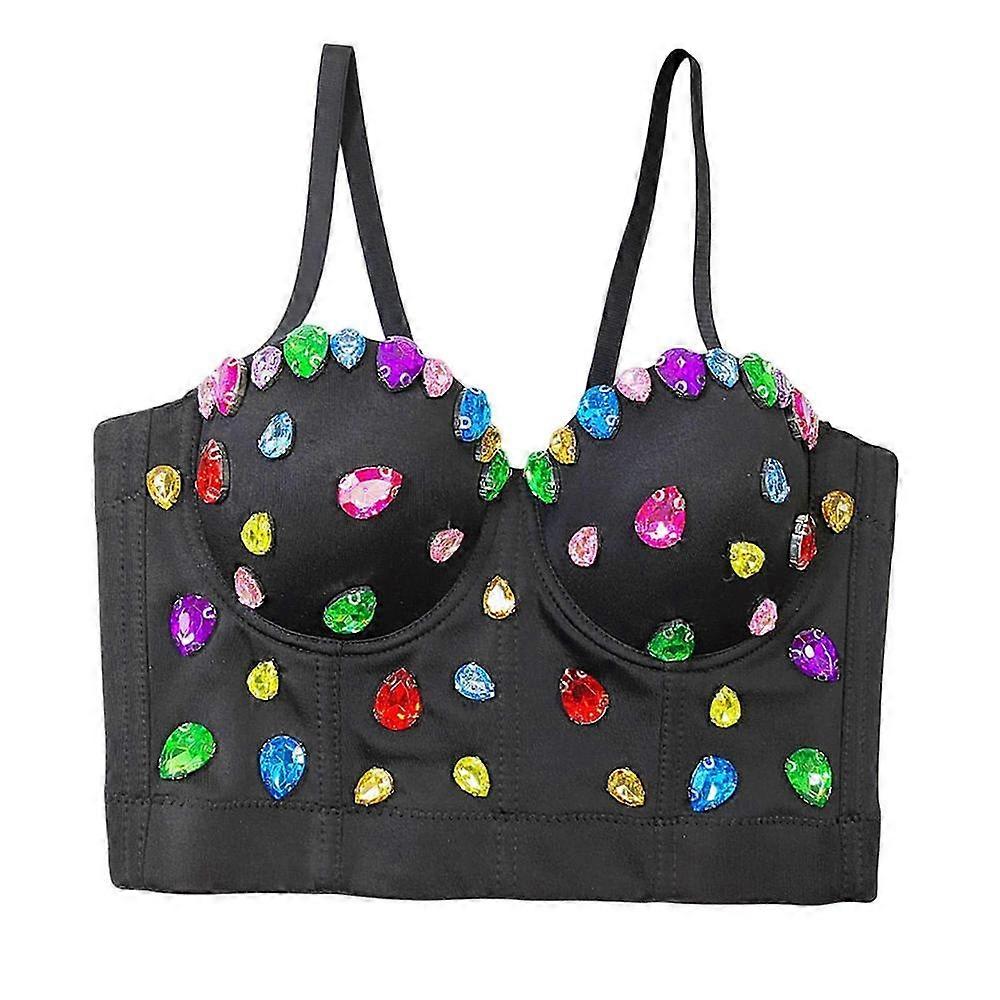 Women's Rhinestone Beaded Spaghetti Strap Push Up Bustier with Underwire and Padded Cups