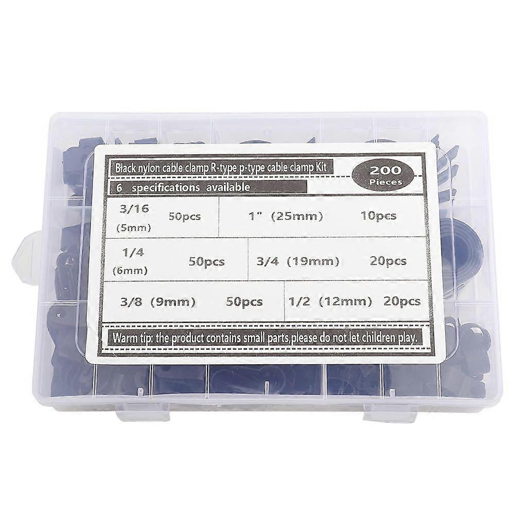 200pcs Plastic Nylon Cable Clamp R Type P Type Wire Clip Fasteners Assorted Box(Black )