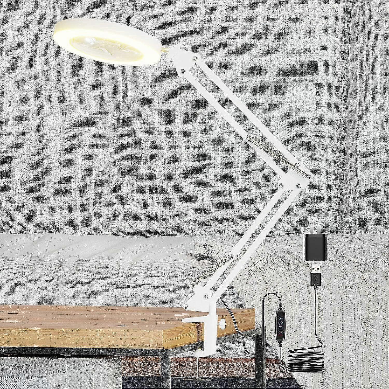 LED Magnifying Lamp with Clamp, 8-Diopter- 10X Glass Lens, 3 Color Modes, Super Bright Stepless Dimming, Magnifier Lighted Glass Lens Swivel Arm Light
