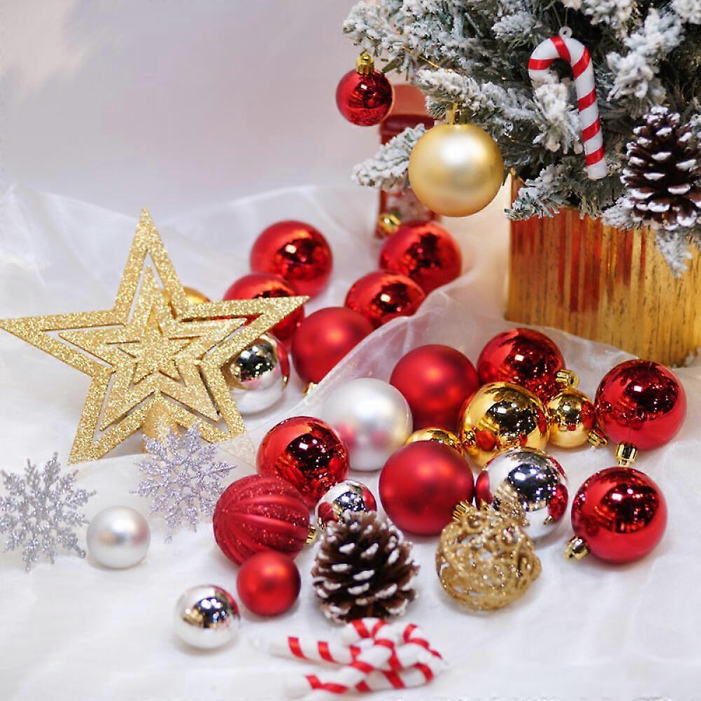 This 44-piece Christmas tree ball set, featuring gold, silver, and red colors, is ideal for decorating Christmas trees, dining tables, or windows.