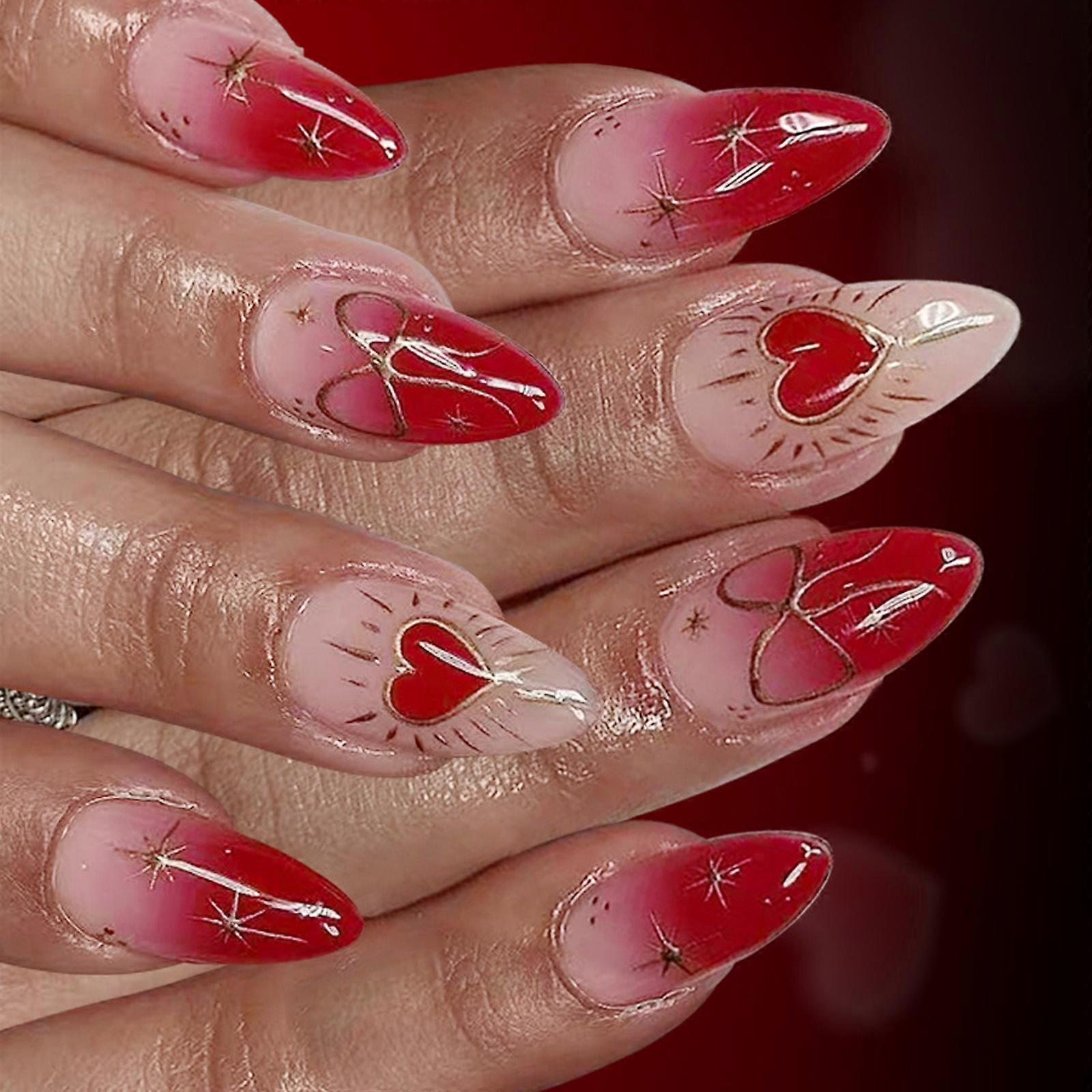 Valentine Red Gradient False Nail 24Pieces French Tip Medium Length Glossy Press On Nail With Bows Heart Design Multicolor