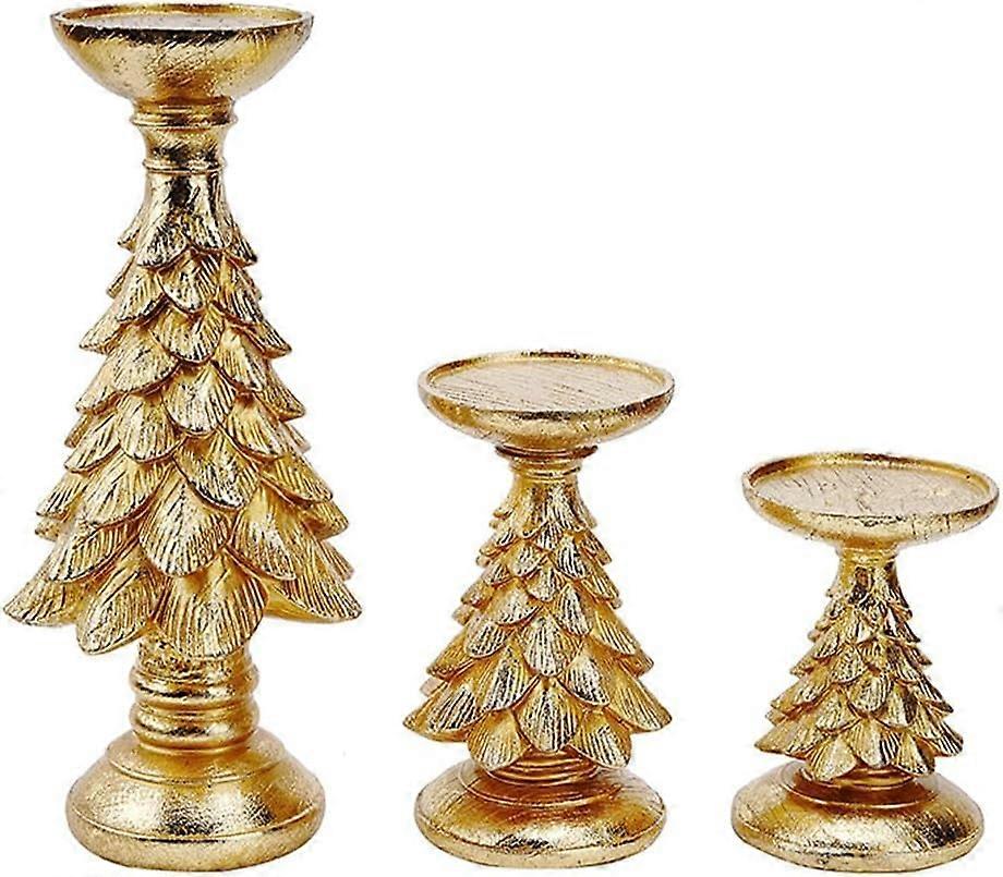 Retro Christmas Tree Candle Holder Set of 3 Resin Gold Stand for Xmas Table and Wedding Decor