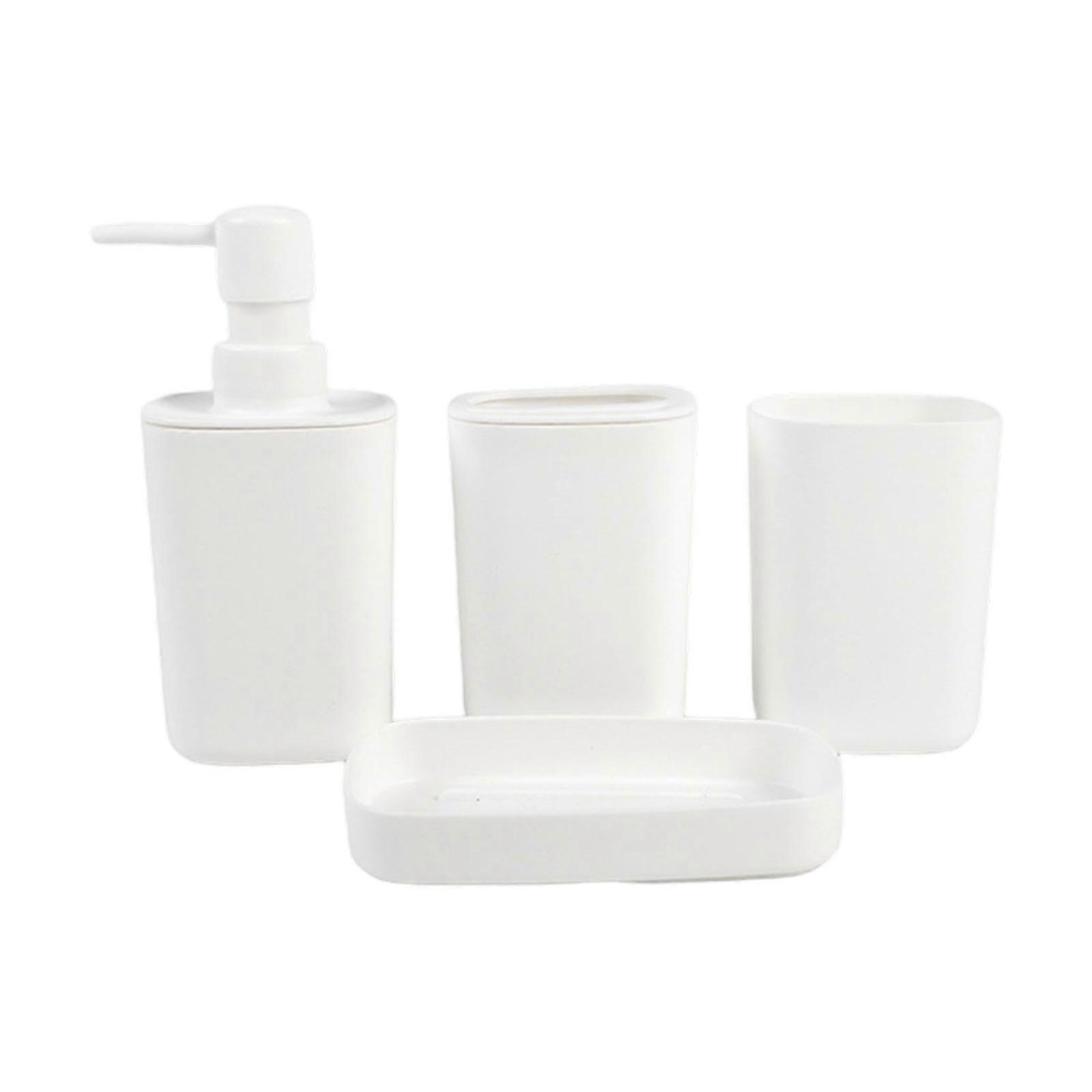 Space Efficient Bathroom 4 Piece Squeeze Bottle Toothbrush Rack Cup Plastic Construction  White