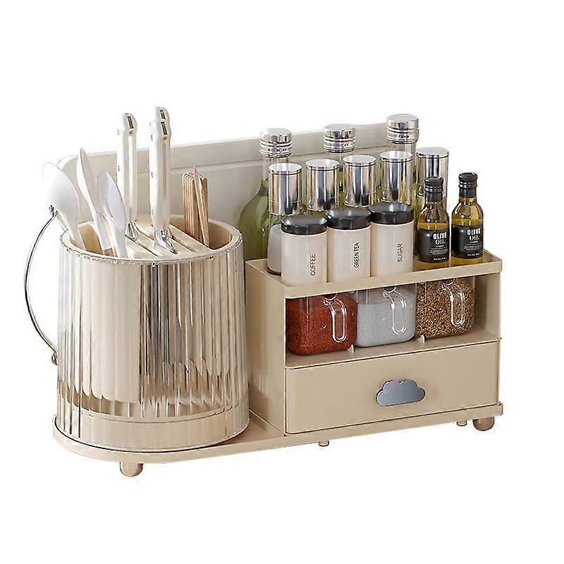 Kitchen Utensil Organizer with Rotating Holder, Multitier Condiment Rack for Spices and Oils, Cream White
