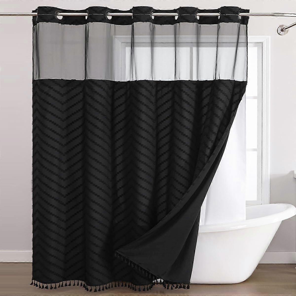 Hookless Shower Curtain with SnapOn Liner, Boho Tassel Design, Black Mesh , 74 x 71 Inch
