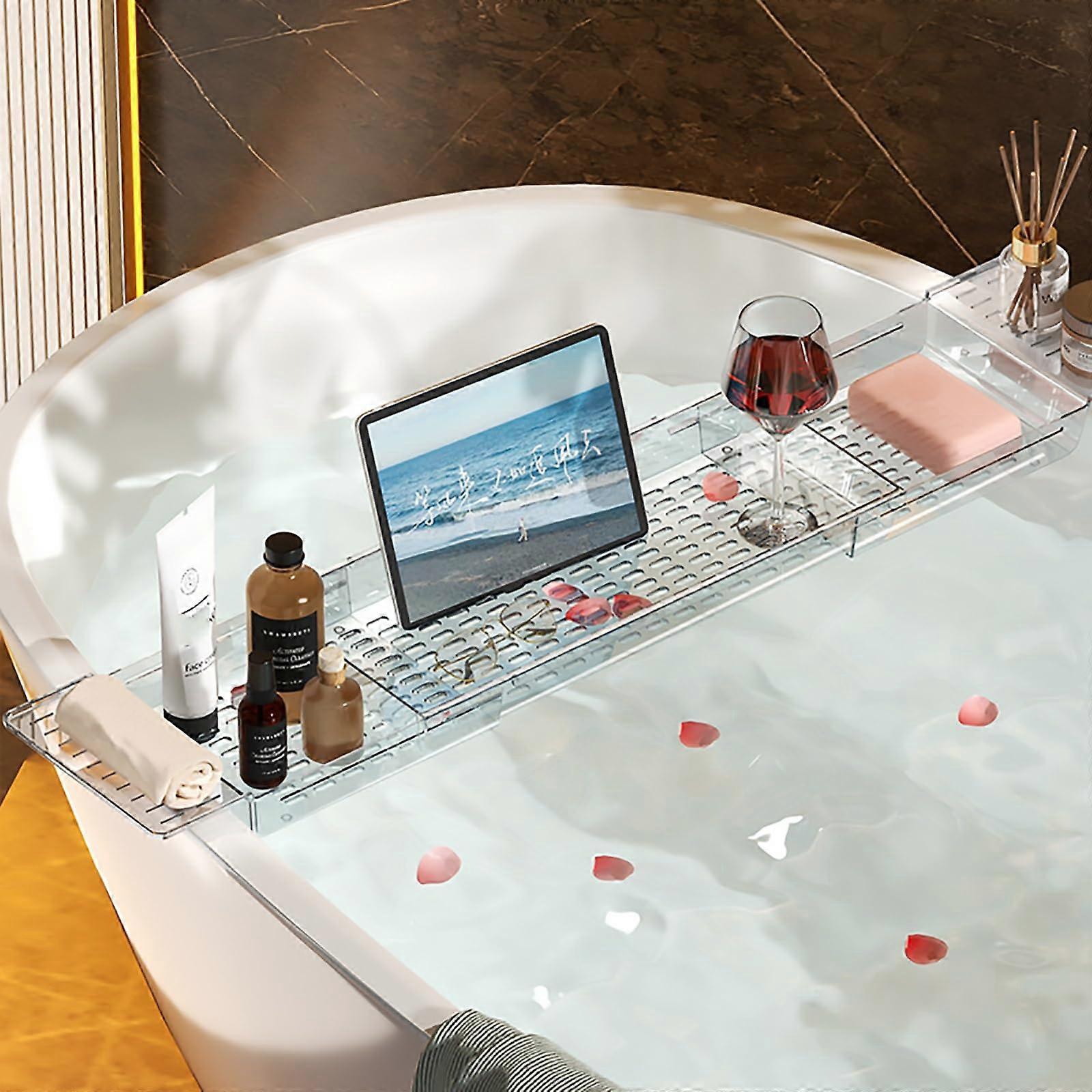 Bathtub Tray with Adjustable Fit, Transparent Extendable Bath Rack for Tablet, Book and Spa Relaxation