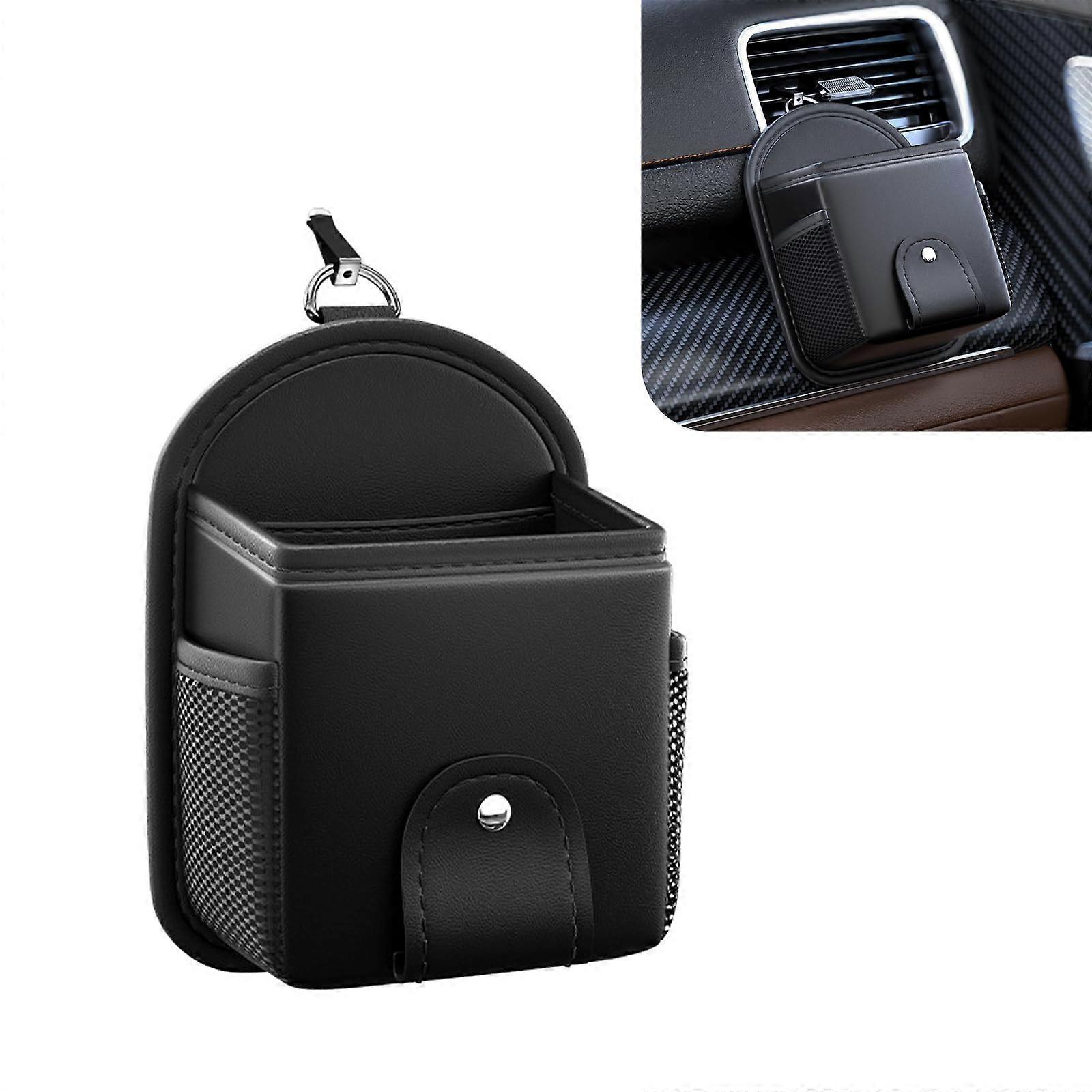 Leather Car Storage Organizer Waterproof MultiPocket with Glasses Clip for Phone Keys Black