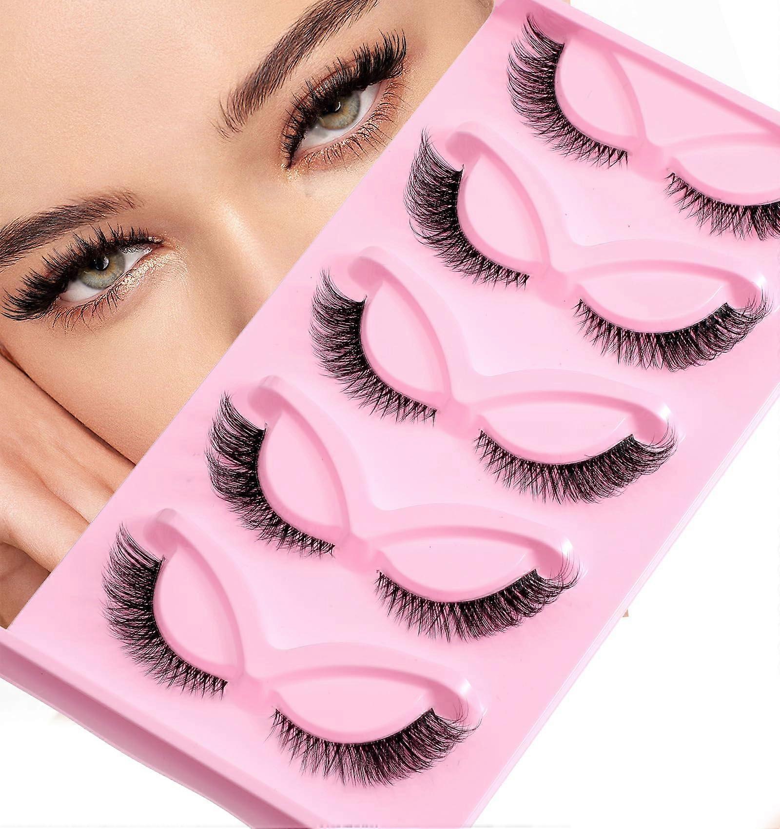 Wispy Fox Eye Lashes Set with Clear Band, Reusable Faux Mink Cat Eye for Natural Lift and Comfort