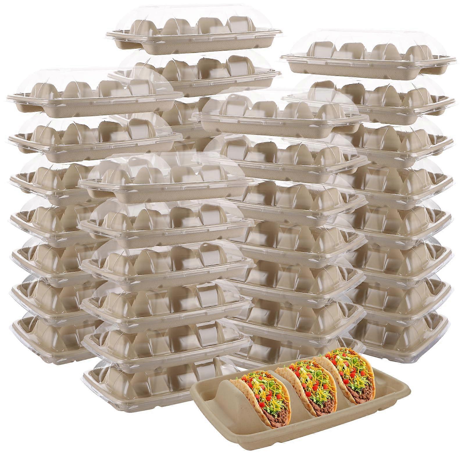 50 Pack Disposable Taco Holders with Lids, 3 Compartment Eco Friendly Taco Plates for Party