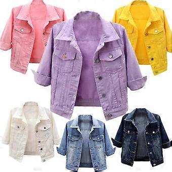 Womens 3/4 Sleeve Denim Jacket Casual Button Turn-Down Jean Coat with Pockets