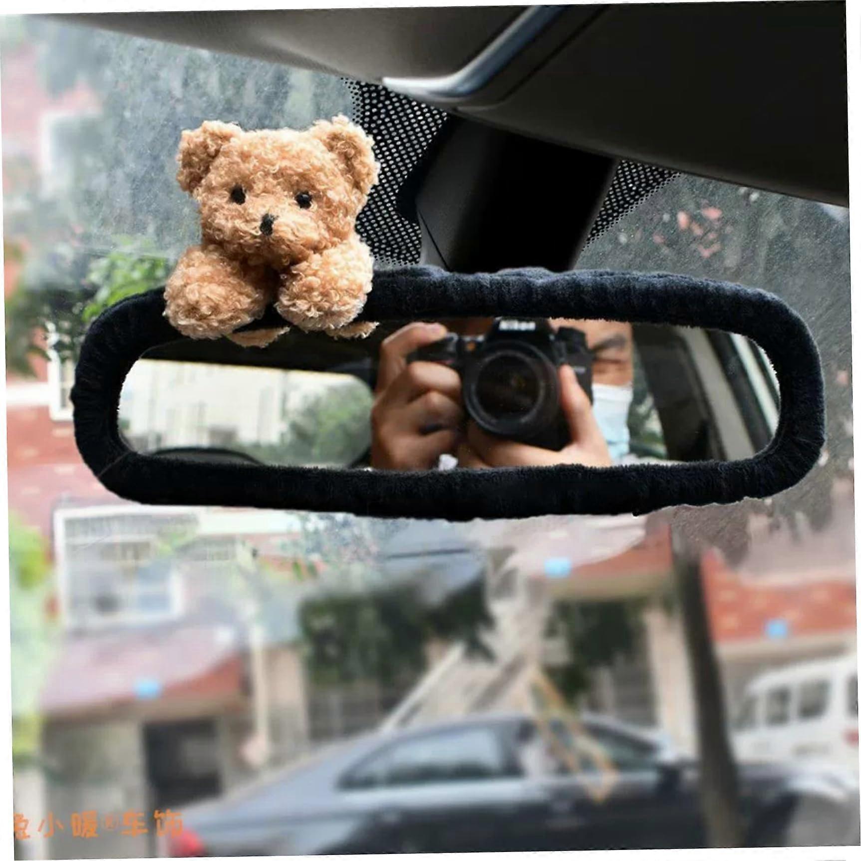 Car Rearview Mirror Cover Black Protector with Cute Plush Bear Elastic Fit Dust Scratch Proof
