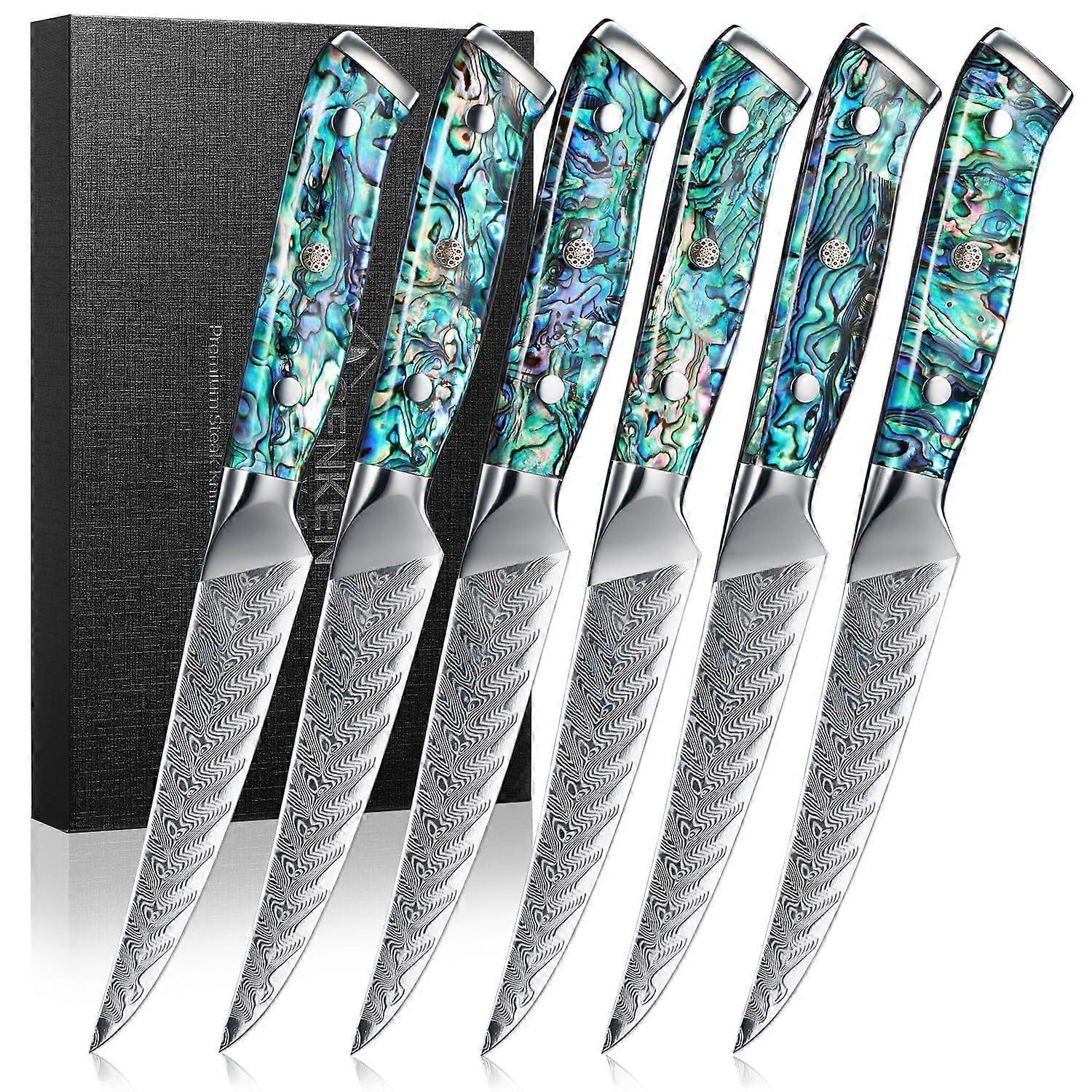 6Piece Damascus Steak Knife Set, VG10 67Layer Steel, Ruthlessly Sharp Edge, Abalone Handle