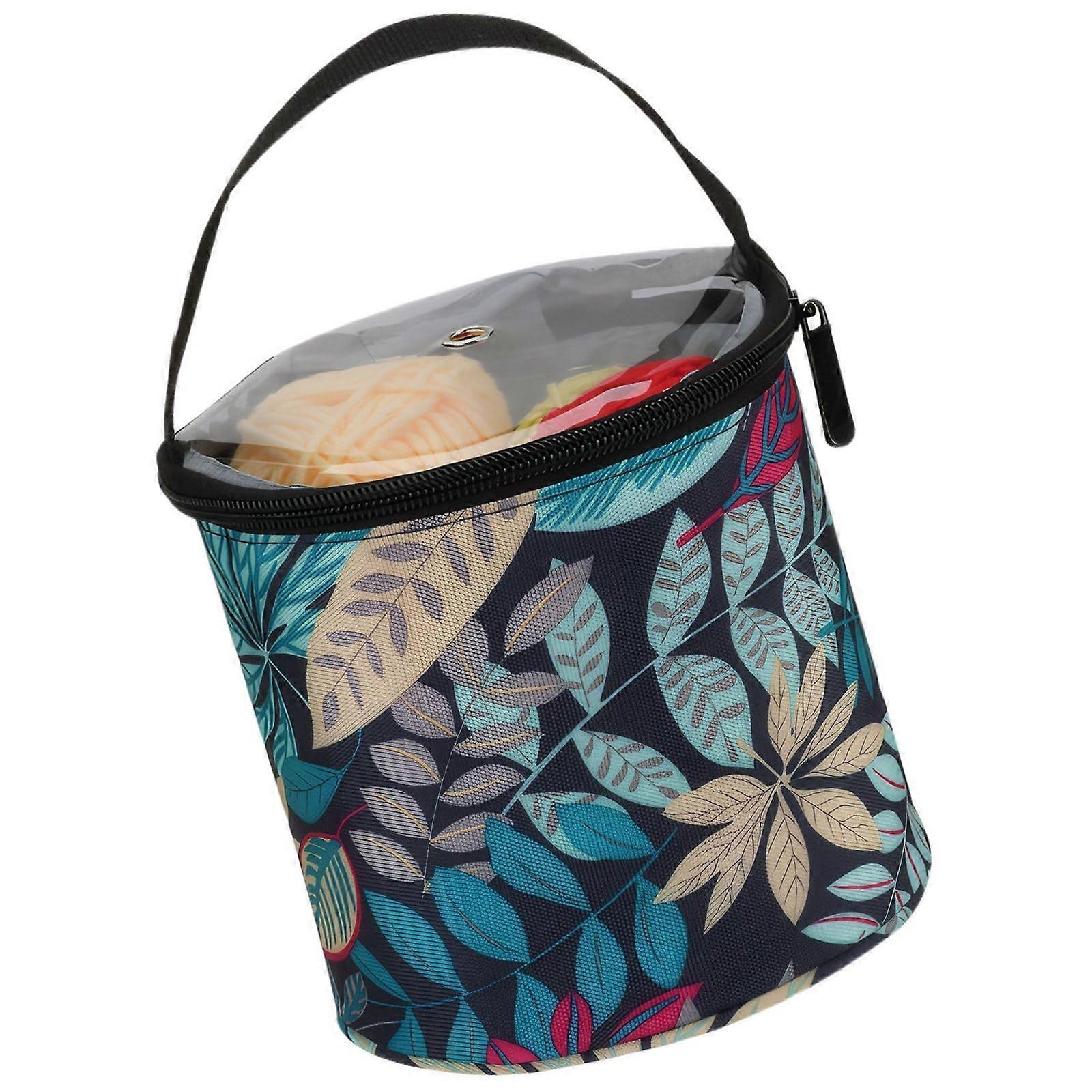 Yarn Storage Bag Waterproof Knitting and Crochet Organizer with Tangle Yarn Exit Blue Leaves Pattern